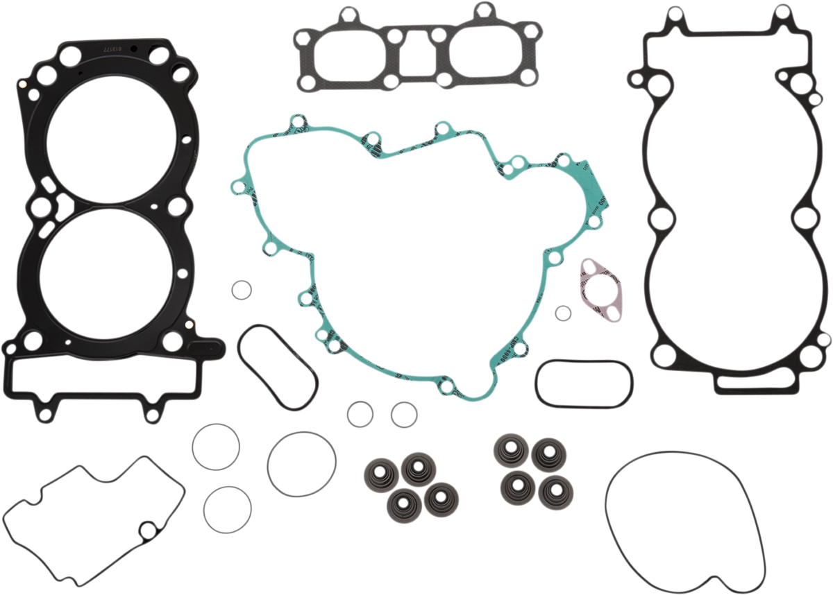 A set of various engine gaskets and seals arranged on a white background, including head gaskets, valve cover gaskets, o-rings, and other circular and irregularly shaped components in different sizes and colors.