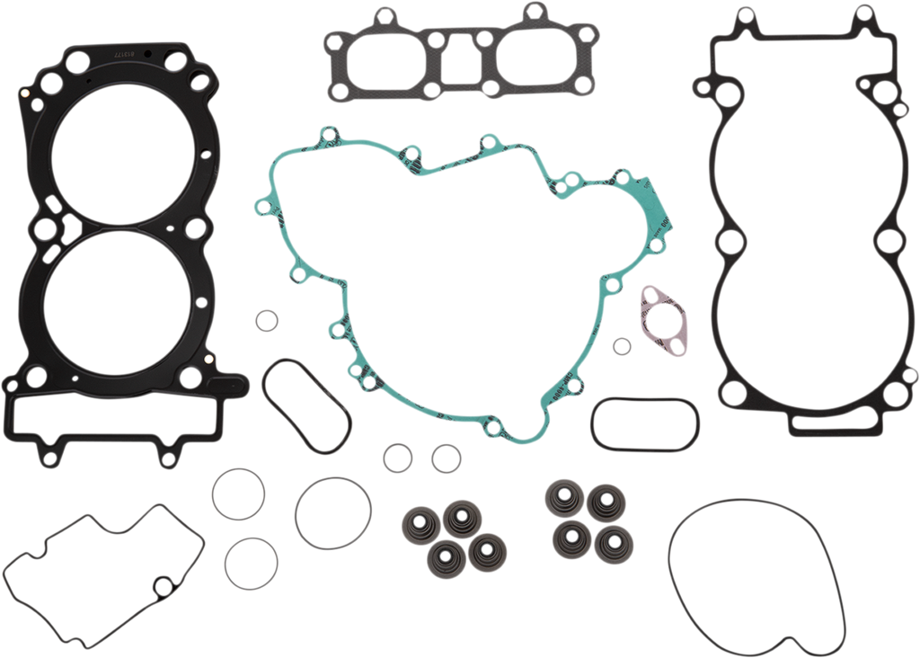 A collection of various engine gaskets and seals, including head gaskets, valve cover gaskets, O-rings, cylinder head seals, and other shaped rubber and metal components arranged on a white background.