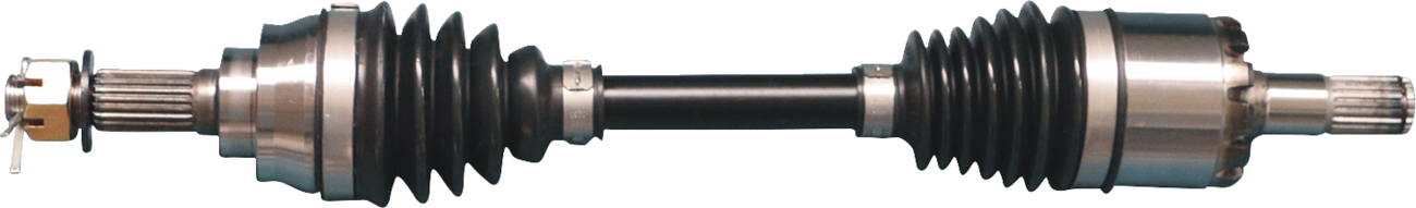 A close-up image of a cars CV axle shaft, featuring metal joints at both ends with black rubber accordion-style boots covering the joints, connected by a solid metal rod in the center, against a white background.