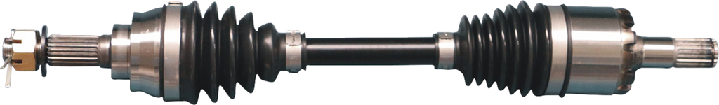 A car’s CV axle with metal ends and black rubber boots covers each joint, connecting both ends. The axle is cylindrical and symmetrical, designed for transmitting power from the vehicles transmission to the wheels.