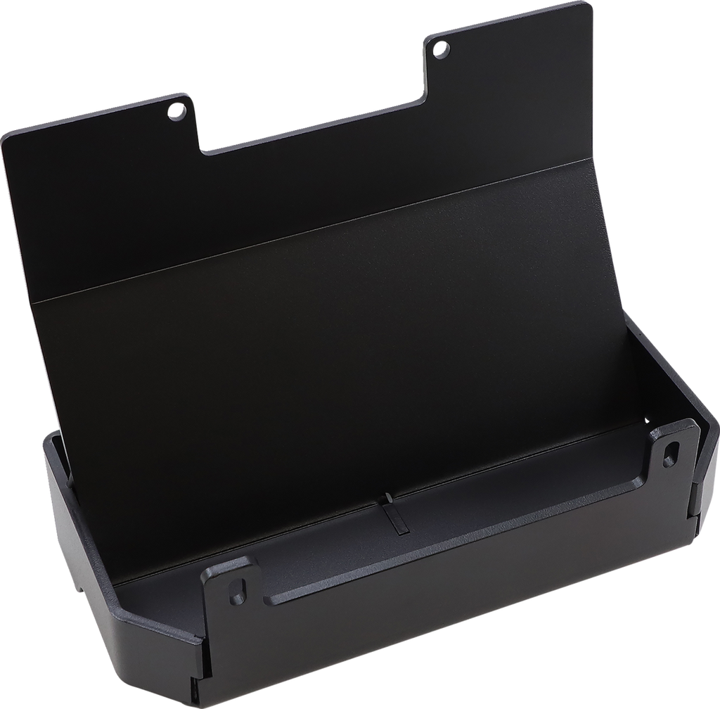 A black metal wall-mounted mail holder with an angled front plate and two mounting holes at the top. The holder has an open slot for storing mail, documents, or papers and a minimalist, modern design against a plain white background.