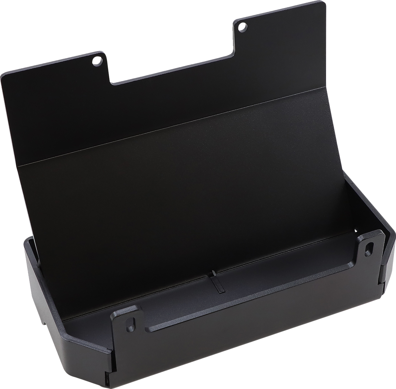 A black, rectangular metal wall organizer with an open front, slanted back panel, and two mounting holes at the top. The bottom compartment is for holding mail, documents, or small items. The design is minimalist and functional.