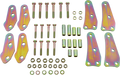 A set of metal hardware parts arranged symmetrically on a white background, including bolts, nuts, washers, cylindrical spacers, and eight iridescent bracket plates with three holes each. The metal parts have a yellowish, rainbow-like finish.