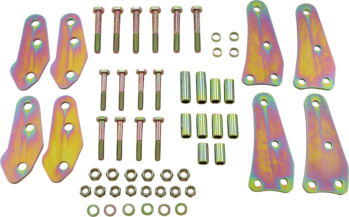 A set of metal hardware parts arranged symmetrically on a white background, including bolts, nuts, washers, cylindrical spacers, and eight iridescent bracket plates with three holes each. The metal parts have a yellowish, rainbow-like finish.