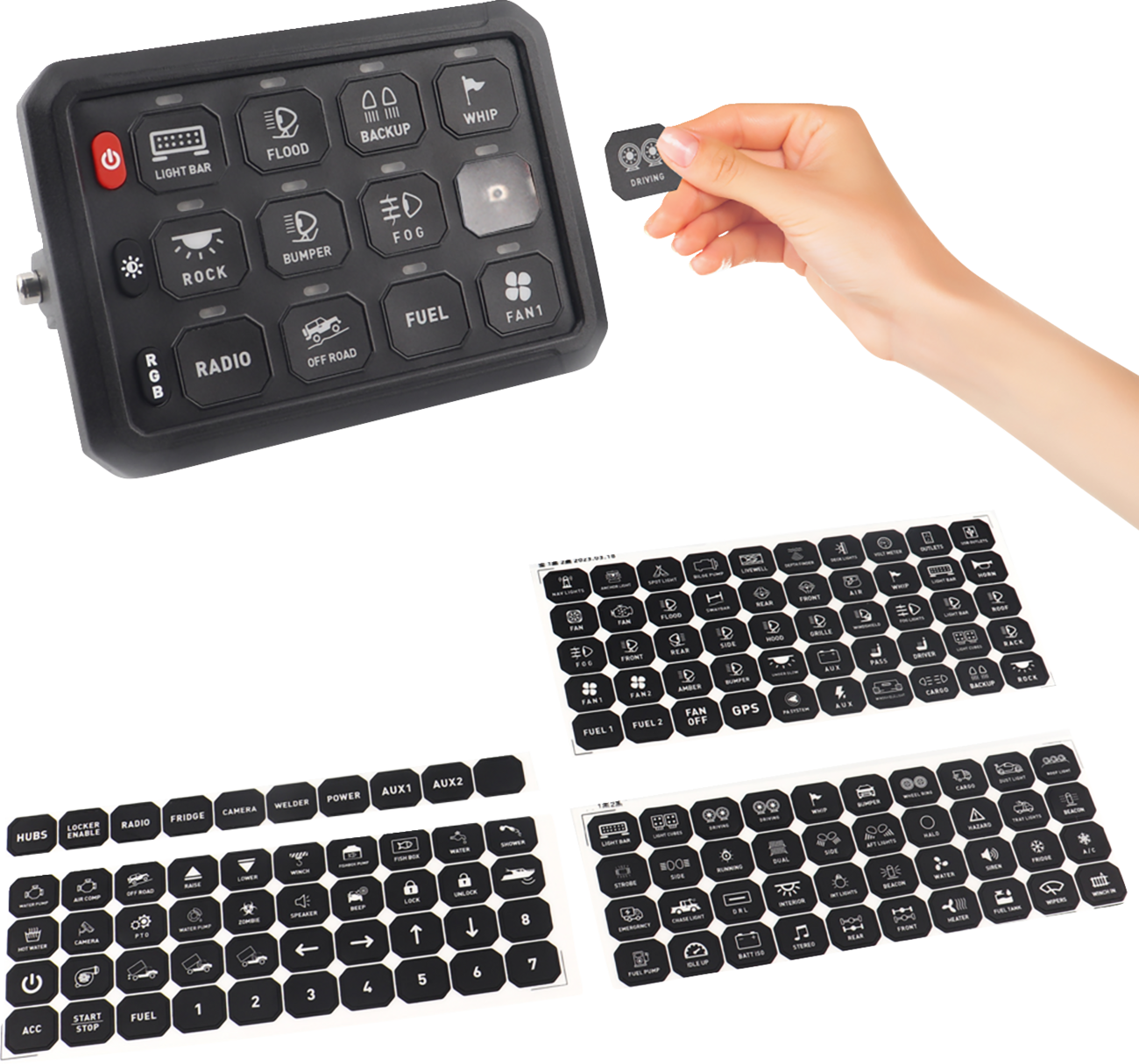 A hand holds a black button with white icons, about to place it on a rectangular electronic switch panel with preset buttons. Below are four sheets of various black button labels, each featuring white symbols and text for different functions.