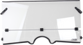 A clear, rectangular windshield for a vehicle is shown against a white background. It features a central horizontal support bar, black edge trim, mounting brackets on the sides, and a cutout at the bottom center. A small manufacturer’s label is in the low