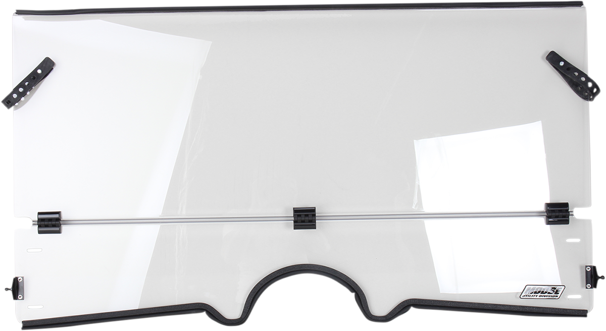 A clear, rectangular windshield for a vehicle is shown against a white background. It features a central horizontal support bar, black edge trim, mounting brackets on the sides, and a cutout at the bottom center. A small manufacturer’s label is in the low