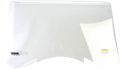 A clear, slightly curved motorcycle windshield with a label in the bottom left corner and a yellow caution sticker on the lower right. The surface is transparent, showing minor reflections, and the background is plain white.