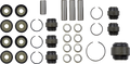 A neatly arranged set of metal and rubber suspension bushings, spacers, rings, and cylindrical pins on a white background, viewed from above. The components are grouped by type in rows and columns, showing all pieces clearly for identification.