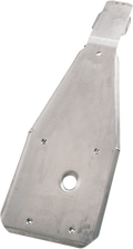 A flat, metallic skid plate with a hole in the center, beveled edges, and multiple screw holes, designed for mounting under a vehicle to protect its underside from damage. The surface appears brushed, and the plate has an angular, tapered shape.