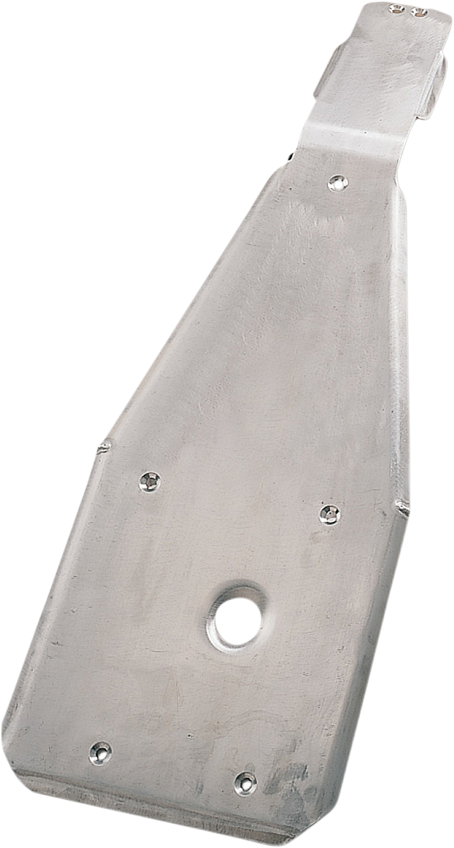 A flat, metallic skid plate with a hole in the center, beveled edges, and multiple screw holes, designed for mounting under a vehicle to protect its underside from damage. The surface appears brushed, and the plate has an angular, tapered shape.