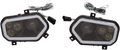 A pair of black, angular LED automotive headlights with clear covers, white running light accents, and attached wiring harnesses; each headlight has three LED clusters and one projector lens, viewed on a white background.