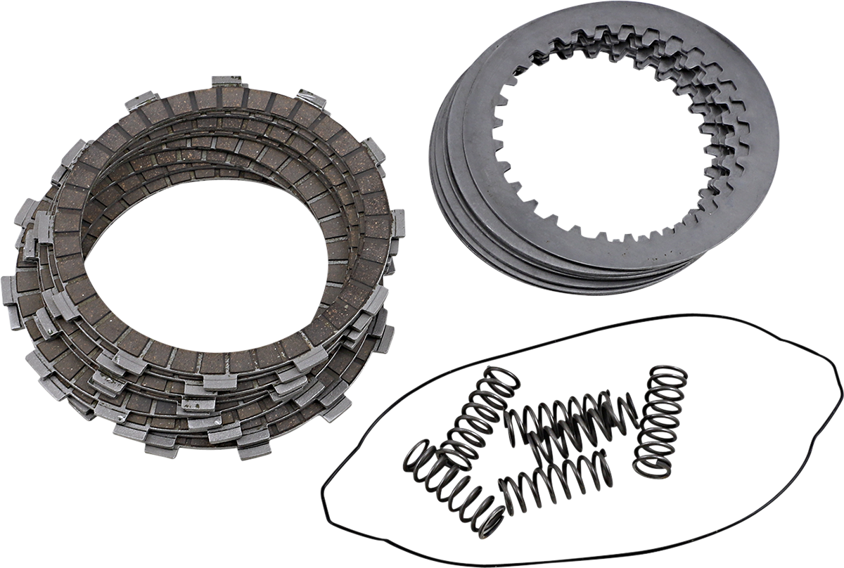 A set of motorcycle clutch components on a white background: a stack of friction plates (left), a stack of steel plates (top right), and several coiled clutch springs (bottom right), all organized in separate groups.