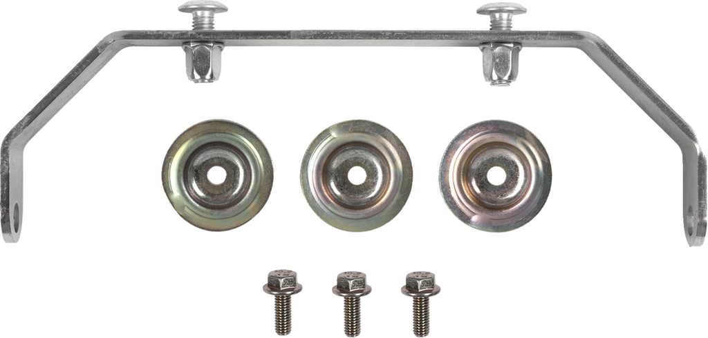 A metal bracket with two bolts attached at the top, three round metal washers below it, and three matching screws with hexagonal heads arranged in a row beneath the washers, all on a plain white background.