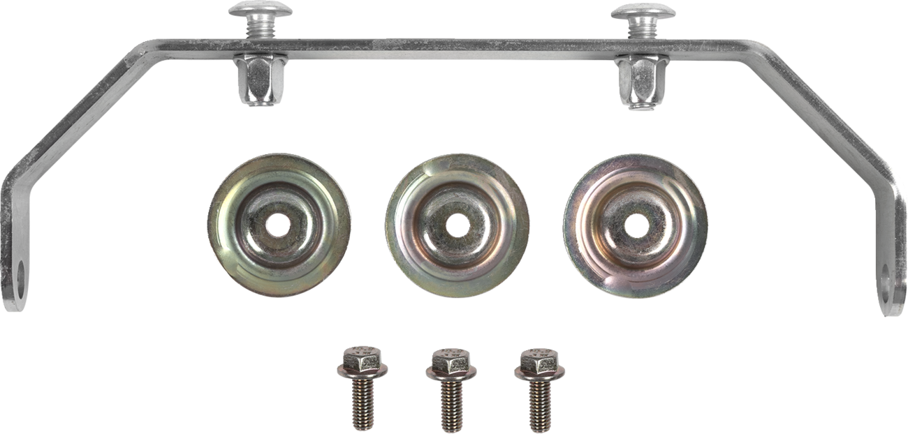 A metal bracket with two bolts attached at the top, three round metal washers below it, and three matching screws with hexagonal heads arranged in a row beneath the washers, all on a plain white background.