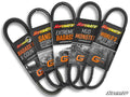 Four Can-Am Maverick X3 Heavy-Duty CVT Drive Belts are arranged in a fan. Each sleeve features bold labels—BADASS X K-COUNTRY, SAND STORM, EXTREME BADASS, and MUD MONSTER—with off-road graphics on black backgrounds.