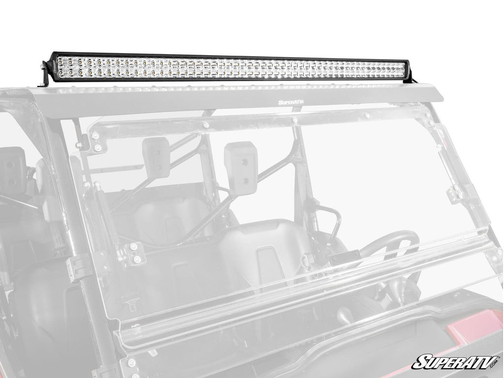 A 50 Straight Double-Row LED Light Bar is mounted on the roof of an off-road vehicle with a clear windshield. Multiple LEDs are aligned in rows. The interior is faint and semi-transparent, with the SuperATV logo in the lower right corner.
