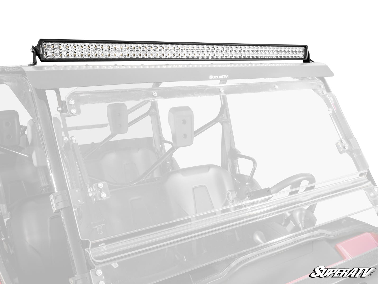 A 50 Straight Double-Row LED Light Bar is mounted on the roof of an off-road vehicle with a clear windshield. Multiple LEDs are aligned in rows. The interior is faint and semi-transparent, with the SuperATV logo in the lower right corner.