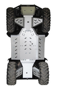A top-down view shows the rugged underside of a four-wheeled off-road vehicle, equipped with the Skid plate full set (aluminium): CFMOTO 500 2A, featuring large tires and a sturdy metallic skid plate protecting the chassis.