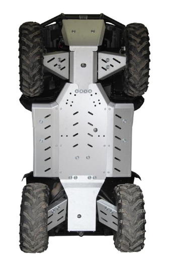 A top-down view shows the rugged underside of a four-wheeled off-road vehicle, equipped with the Skid plate full set (aluminium): CFMOTO 500 2A, featuring large tires and a sturdy metallic skid plate protecting the chassis.