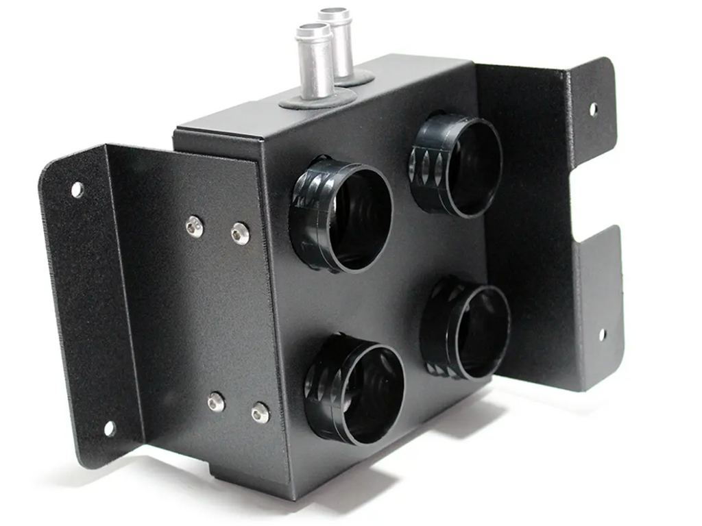 A black metal Inferno Cab Heater Kit With Defrost for 2015-Current Honda Pioneer 500. Features four front circular ports, two silver connectors on top, and side mounting brackets with screw holes for secure installation.