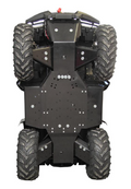 A view of the underside of a rugged four-wheeled vehicle fitted with the Skid plate full set (plastic): CFMOTO 500 -2, highlighting its thick off-road tires, black chassis, reinforced suspension, and durable construction.