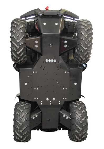 A view of the underside of a rugged four-wheeled vehicle fitted with the Skid plate full set (plastic): CFMOTO 500 -2, highlighting its thick off-road tires, black chassis, reinforced suspension, and durable construction.
