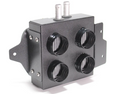 The Inferno Cab Heater Kit With Defrost for 2014-2022 Cf Moto Z-Force 500/800/1000 is a rectangular black metal heater box with four round front vents with fins, two top inlet/outlet tubes, and side mounting brackets secured by screws.