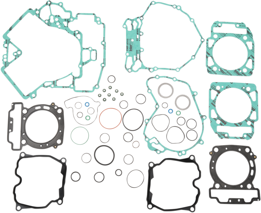 A set of various gaskets and seals, mainly green and black, arranged on a white background. The components are of different shapes and sizes, including round, oval, and irregular forms, likely used for engine or machinery assembly.