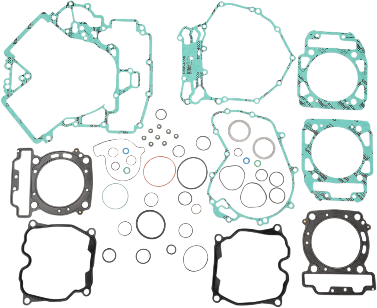 A set of various gaskets and seals, mainly green and black, arranged on a white background. The components are of different shapes and sizes, including round, oval, and irregular forms, likely used for engine or machinery assembly.