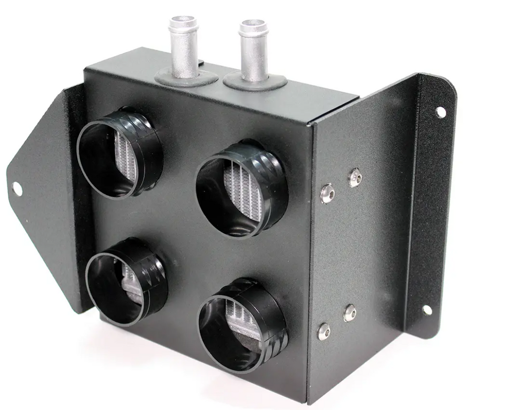 The Inferno Cab Heater Kit With Defrost for 2015-Current Cf Moto U-Force 500/800 features a black metal rectangular air box with four circular outlets, two top silver inlet pipes, side mounting flanges, and mesh visible inside each outlet.