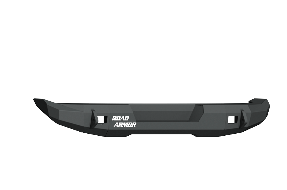 The 2007-2018 Jeep JK Stealth Rear Bumper Mid-Width in textured black features an angular, heavy-duty design with cutouts and the white ROAD ARMOR logo on the left, suitable for trucks or SUVs. Shown isolated on a transparent background.