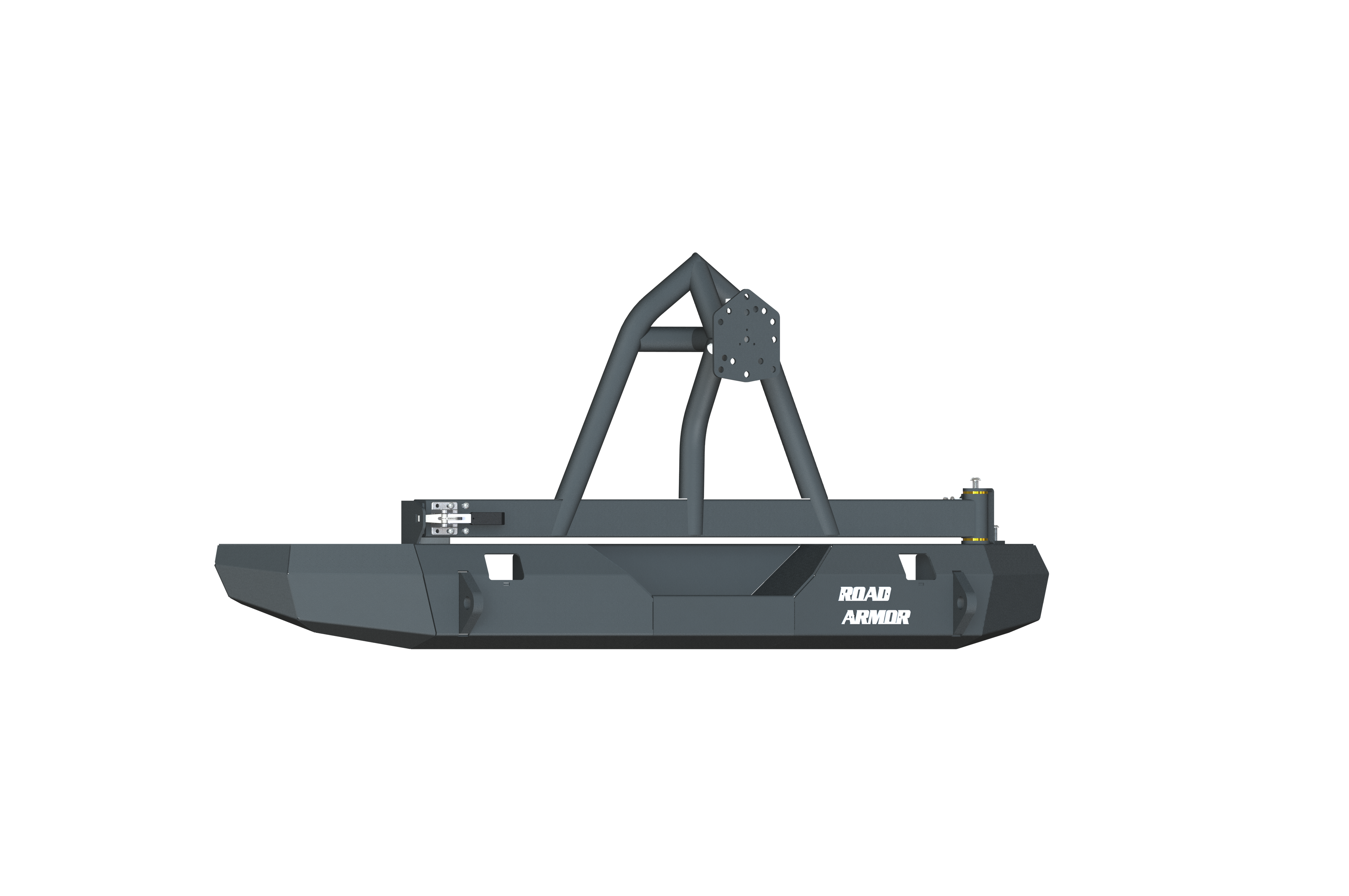 A rugged, geometric Stealth Rear Non-Winch Bumper with tire carrier in textured black for 2007-2017 Jeep JK, featuring angular metal construction and a built-in grille guard. “ROAD ARMOR” is printed in white on the right side.