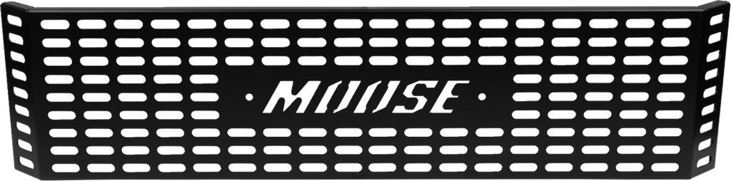 A black rectangular metal grille with rounded rectangular cutouts, the word MIUISE is cut out in stylized capital letters in the center, with two symmetrical rows of holes flanking the text. The grille appears slightly curved.