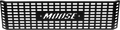 A black rectangular metal grille with rounded rectangular cutouts, the word MIUISE is cut out in stylized capital letters in the center, with two symmetrical rows of holes flanking the text. The grille appears slightly curved.