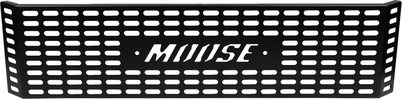 A black rectangular metal grille with rounded rectangular cutouts, the word MIUISE is cut out in stylized capital letters in the center, with two symmetrical rows of holes flanking the text. The grille appears slightly curved.