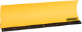 A large, bright yellow metal snow plow blade with a slightly curved shape. The bottom edge is reinforced with a black metal strip, secured by bolts. The right side features a black and yellow Moose Utility Division logo. The background is plain white.