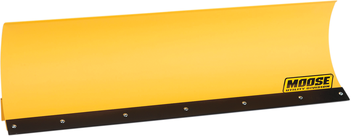 A large, bright yellow metal snow plow blade with a slightly curved shape. The bottom edge is reinforced with a black metal strip, secured by bolts. The right side features a black and yellow Moose Utility Division logo. The background is plain white.