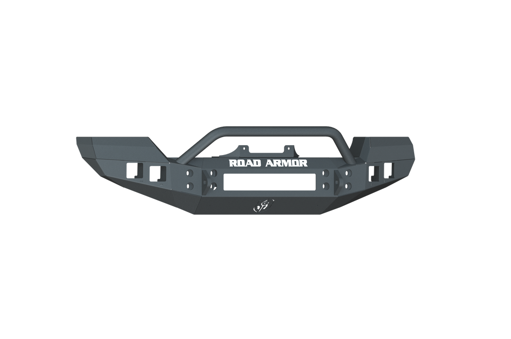 The 2007-2018 Jeep JK Stealth Front Winch Bumper Pre-Runner Guard in texture black features an angular matte design, welded seams, mounting points, rectangular cutouts, a central bull bar, and ROAD ARMOR in bold white across the front.