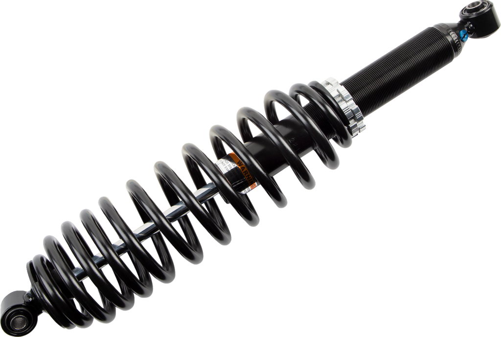 A black coilover shock absorber with a tightly wound spring around a cylindrical damper, featuring mounting points at both ends. The image is taken against a plain white background, showing the shock absorber at a diagonal angle.