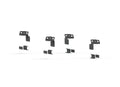 Five texture black 2019+ Ford Ranger Treck Drill-Less Rack Base Mounting Brackets (Mid-Size Trucks) are arranged in a row on a white background, each with three rectangular holes, shown upright and flat to illustrate assembly.