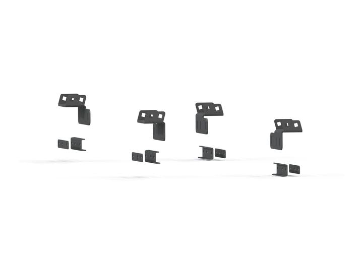 Five texture black 2019+ Ford Ranger Treck Drill-Less Rack Base Mounting Brackets (Mid-Size Trucks) are arranged in a row on a white background, each with three rectangular holes, shown upright and flat to illustrate assembly.