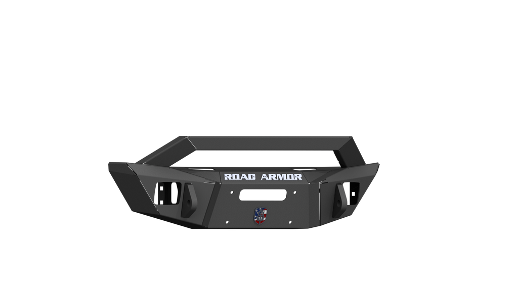 The 2018+ Jeep Wrangler Stealth Front Winch Bumper Sheetmetal Guard Competition Cut in texture black is shown. It features the “ROAD ARMOR” logo, a red, white, and blue emblem, plus visible winch and light mounting points.