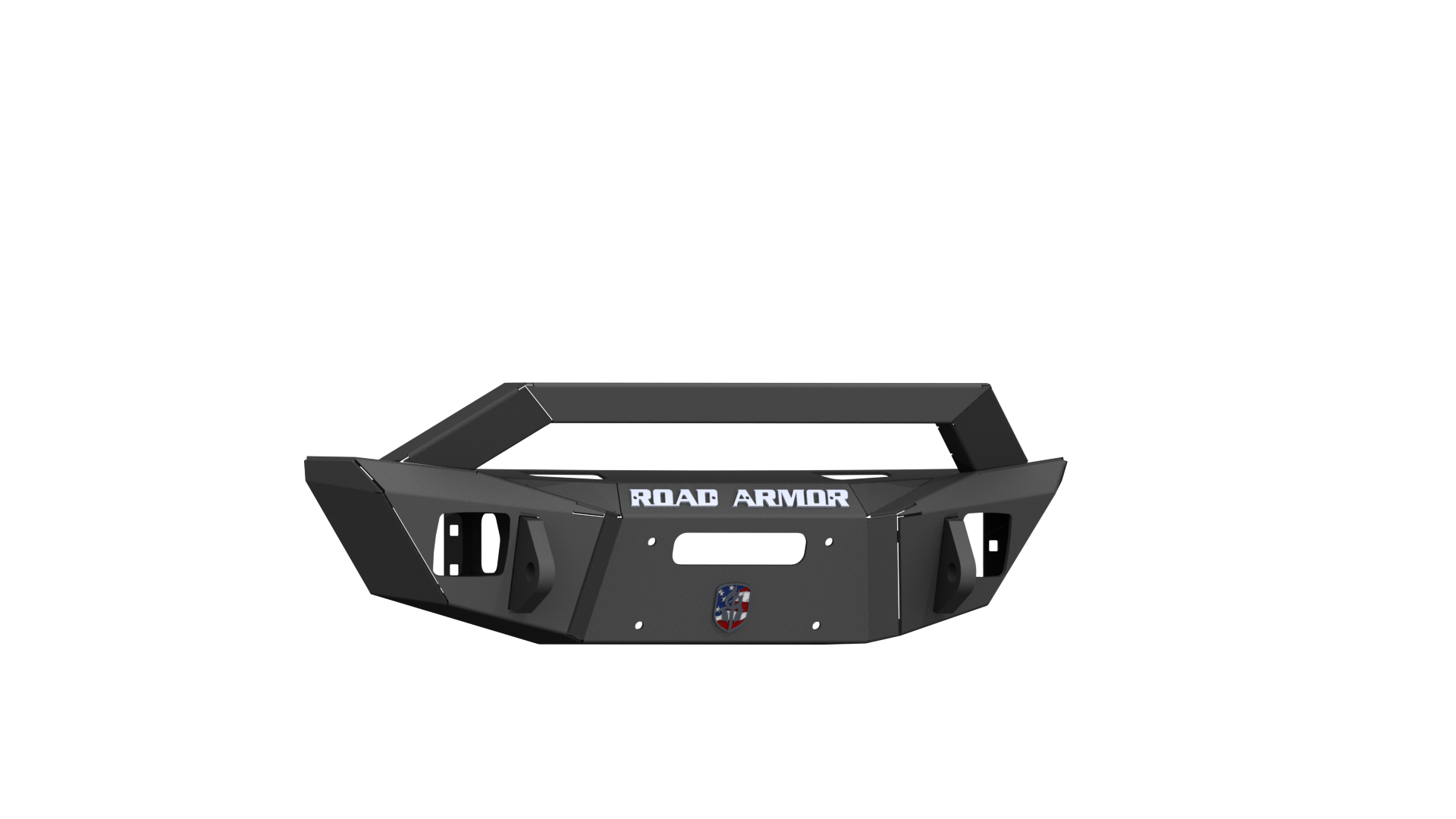 The 2018+ Jeep Wrangler Stealth Front Winch Bumper Sheetmetal Guard Competition Cut in texture black is shown. It features the “ROAD ARMOR” logo, a red, white, and blue emblem, plus visible winch and light mounting points.