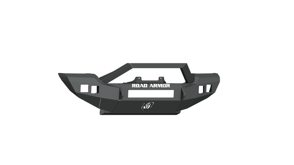 A rugged, angular 2018-2021 Jeep JL Sport Stealth Full Width Front Winch Bumper in textured black sheetmetal with bar guard and ROAD ARMOR logo, featuring cut-outs and a central winch mount, shown on a white background.