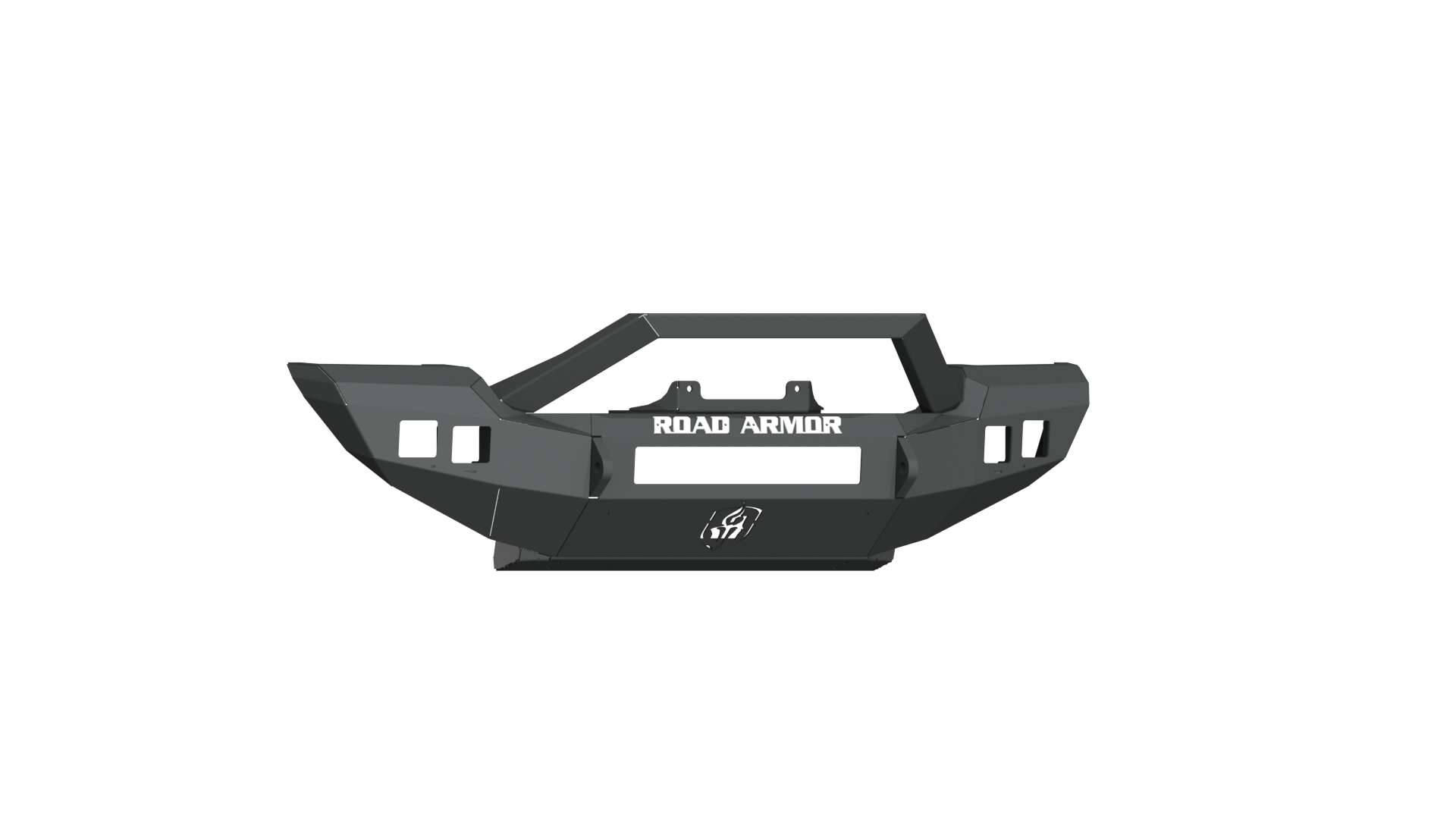 A rugged, angular 2018-2021 Jeep JL Sport Stealth Full Width Front Winch Bumper in textured black sheetmetal with bar guard and ROAD ARMOR logo, featuring cut-outs and a central winch mount, shown on a white background.