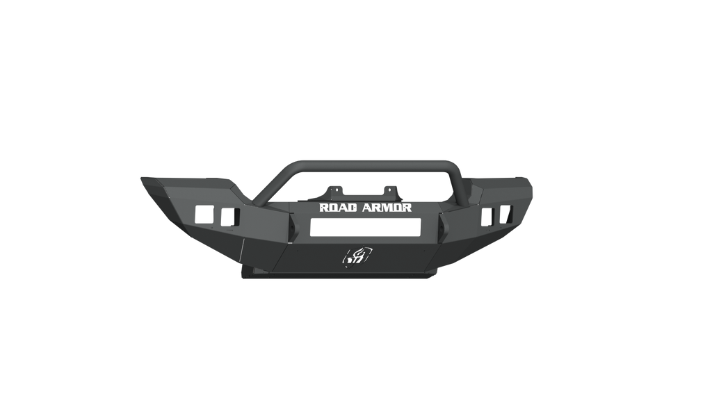 A textured black steel Stealth Front Winch Bumper for 2018-2021 Jeep JL Sport/Sahara features angular edges, large cutouts, a pre-runner guard, ROAD ARMOR in white at the top center, and a small white logo near the bottom.