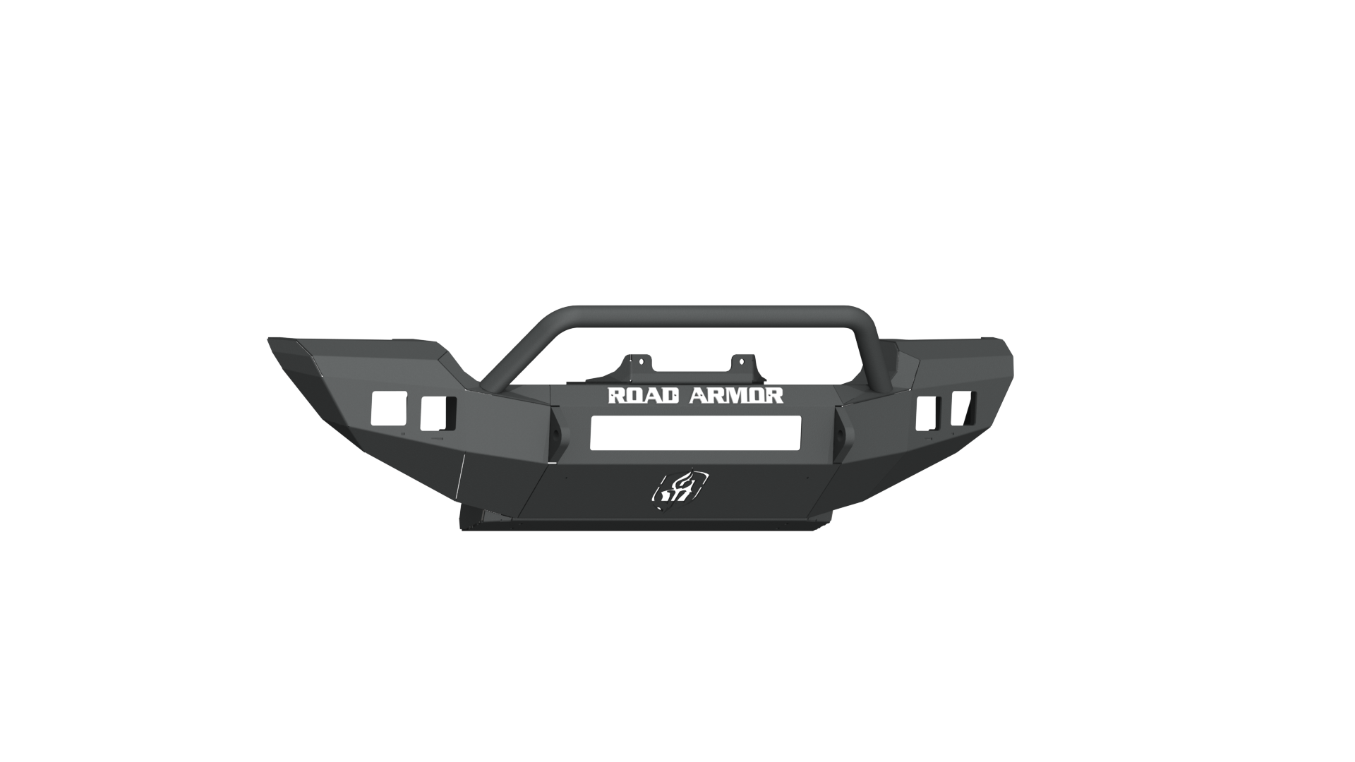 A textured black steel Stealth Front Winch Bumper for 2018-2021 Jeep JL Sport/Sahara features angular edges, large cutouts, a pre-runner guard, ROAD ARMOR in white at the top center, and a small white logo near the bottom.