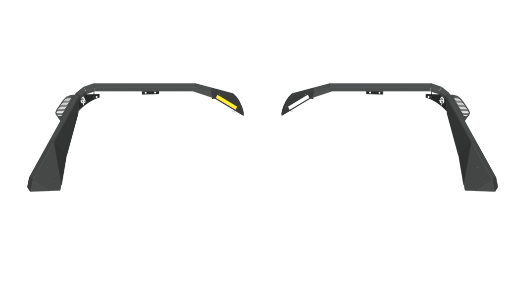 Two black, angular 2018+ Jeep JL Rubicon Stealth Front Fender Flares (JL Body Armor with Switchback LED DRL - Texture Black) face each other symmetrically against a white background, featuring sharp edges and flat panels.