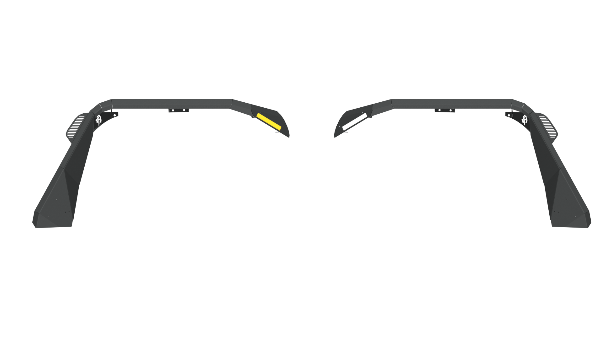 Two black, angular 2018+ Jeep JL Rubicon Stealth Front Fender Flares (JL Body Armor with Switchback LED DRL - Texture Black) face each other symmetrically against a white background, featuring sharp edges and flat panels.